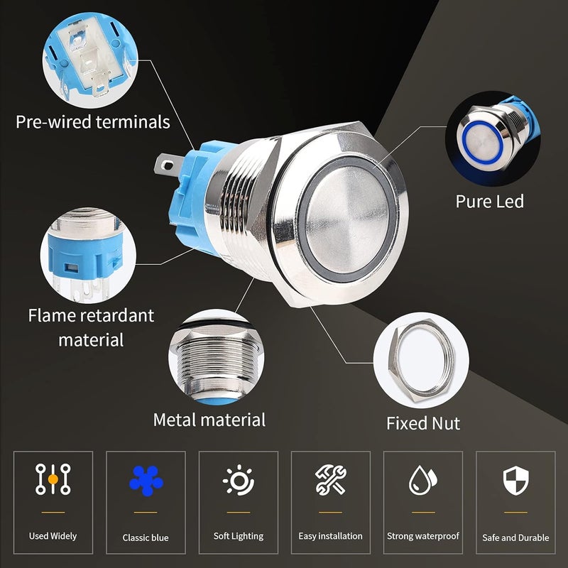 STARELO 5pcs 19mm Latching led Push Button Switch Sliver Shell, IP65 Waterproof Push Button Switch,1NO 1 NC with Wire Socket Plug,Self-Locking with LED(Blue). - Image 4